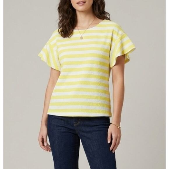 Anthropologie Tops - Anthropologie Postmark Edie Yellow Striped Flutter Sleeve Top Women Sz M Preppy
